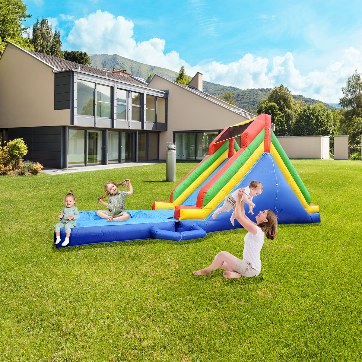Rainbow giant inflatable water pool slide with blower